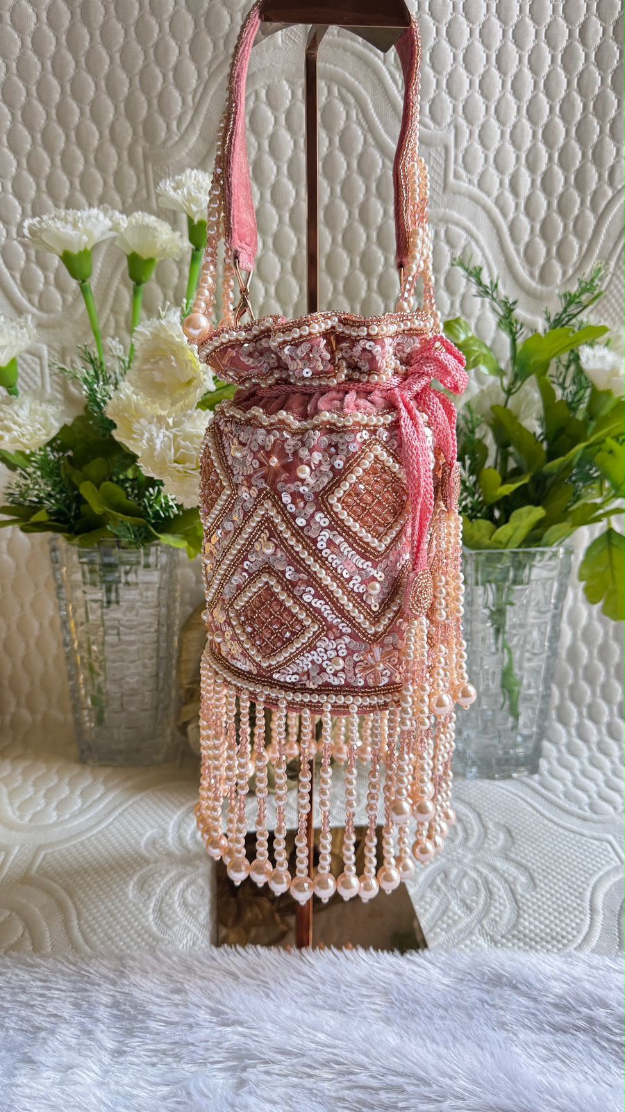 Zari Noor Pearl & Pink Potli Handbag