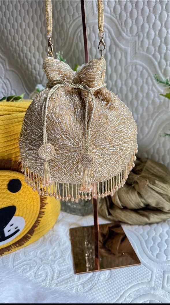 Golden Dusk Crystal Potli Bag – Gold Suede Handcrafted