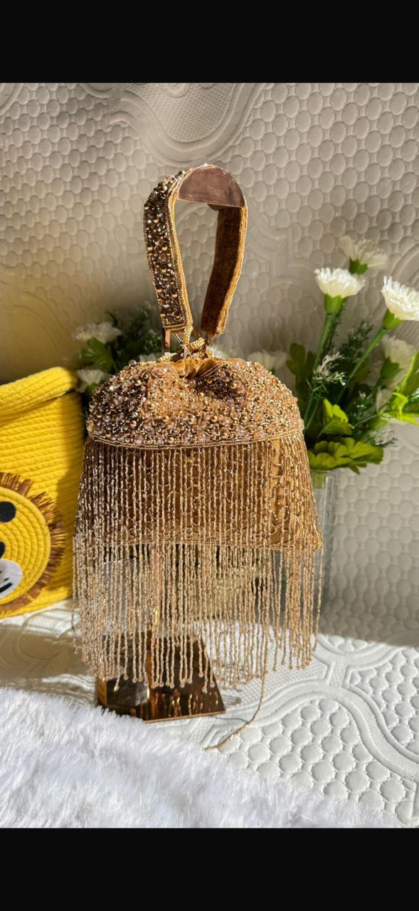 Golden Grace Series | Handcrafted Luxury Zardozi Fringe Bridal Potli Bag