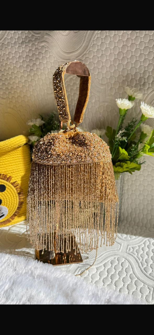 Golden Grace Series | Handcrafted Luxury Zardozi Fringe Bridal Potli Bag
