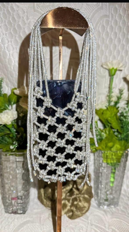 Silver Diamond Macrame Phone Pouch (Silver Diamond Sling Bag)