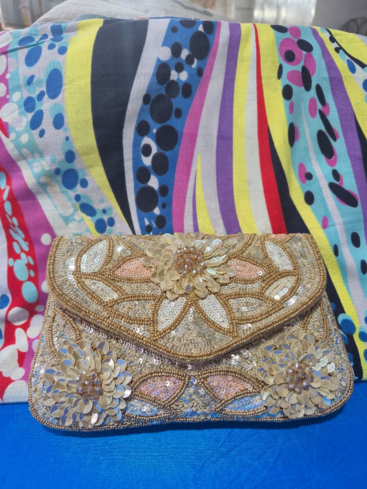 Glitz Golden Hand Embroidered Party Clutch